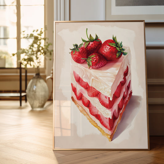 A framed art print depicting a slice of strawberry cake with fresh strawberries on top, leaning against a wall in a bright, modern room with wooden floors and a vase in the background.