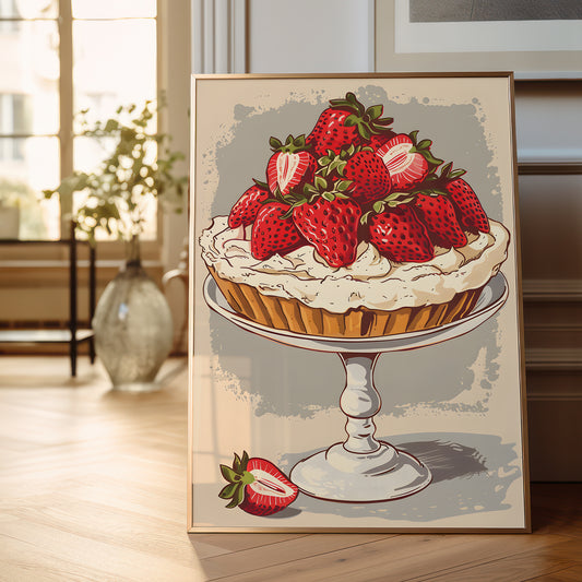 A framed art print depicting a strawberry tart on a pedestal stand, leaning against a wall on a wooden floor in a softly lit room.