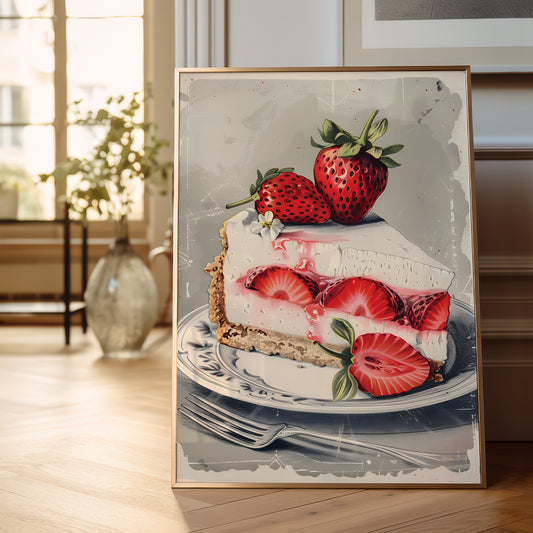 A framed art print depicting a slice of strawberry pie on a plate, styled standing on a wooden floor in a bright, modern room.