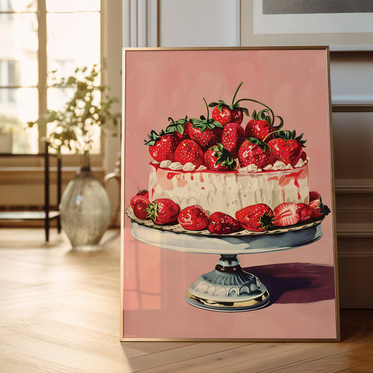 A framed art print depicting a strawberry-topped cake on a pedestal, leaning against a wall in a softly lit room with a vase and window in the background.