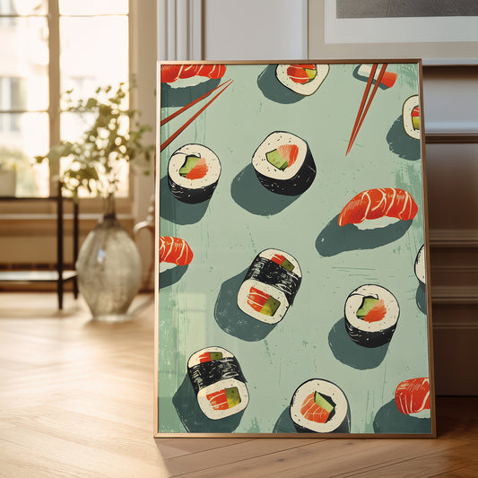 A framed art print featuring a retro sushi pattern on a light teal background, leaning against a wooden floor in a bright, modern room.