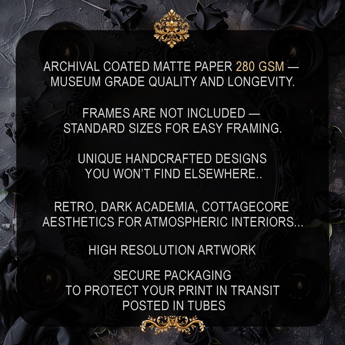 Text on a dark background about archival coated matte paper with decorative elements.