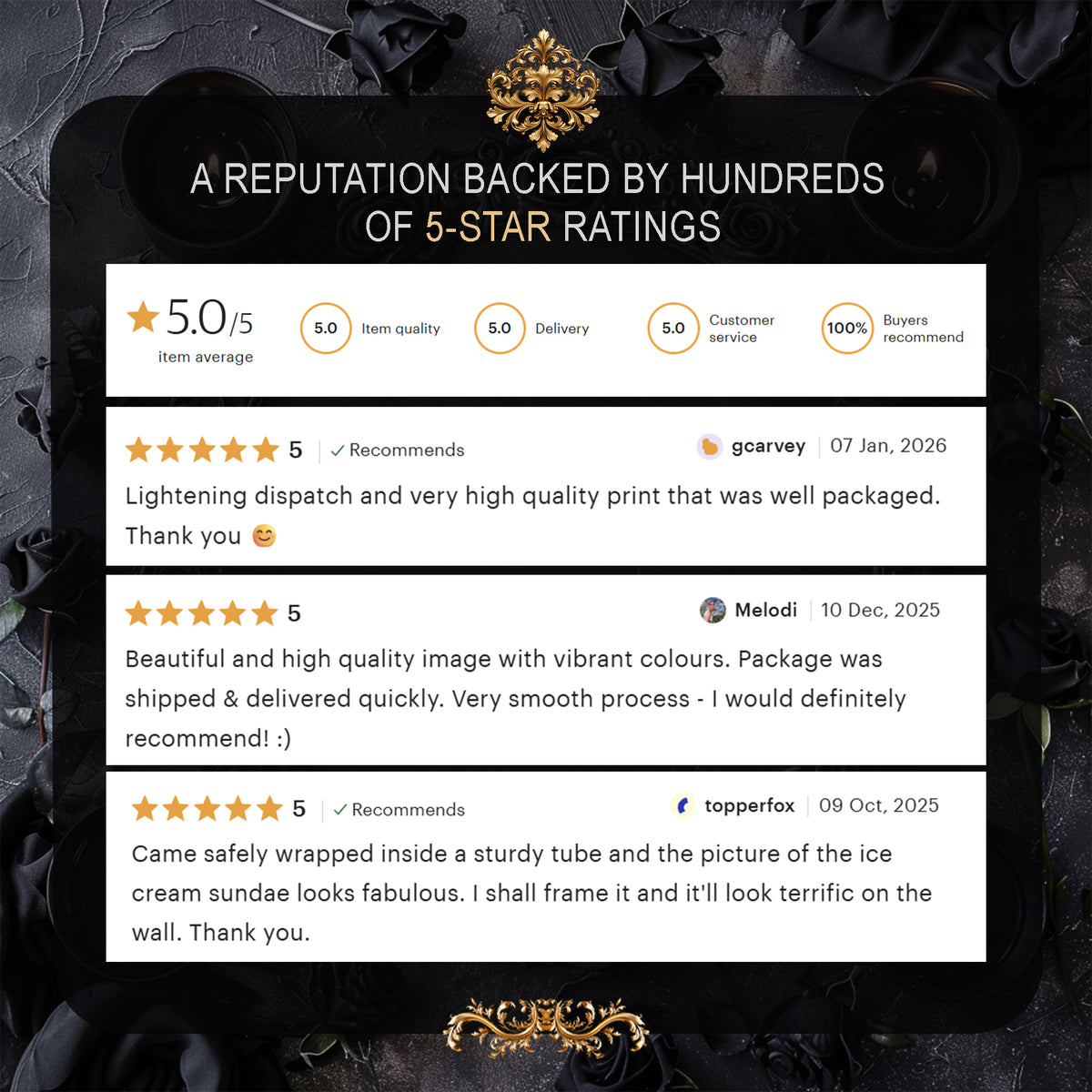 Five-star rating system with customer reviews on a decorative background