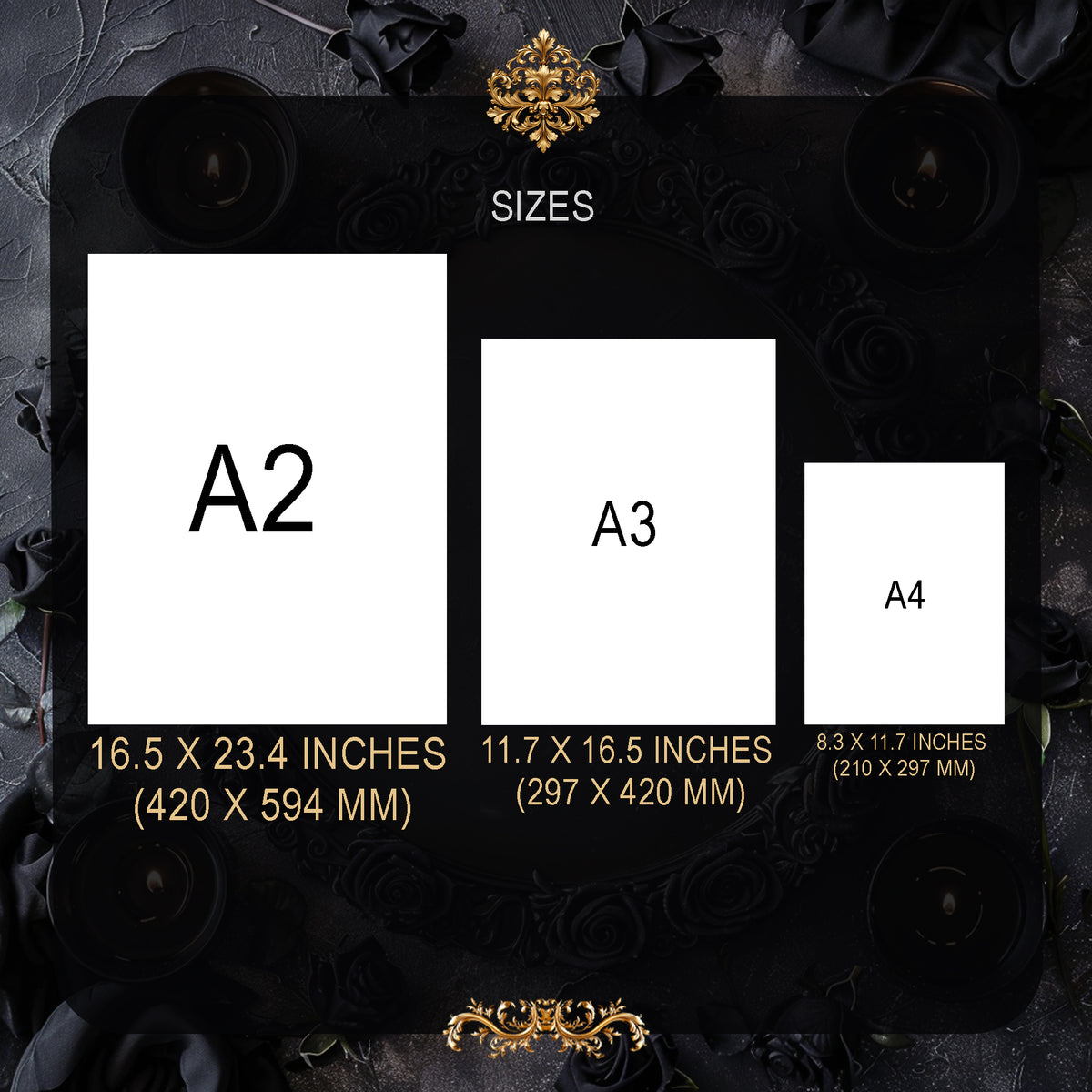 Black frame with size chart for A2, A3, and A4 on a dark floral background