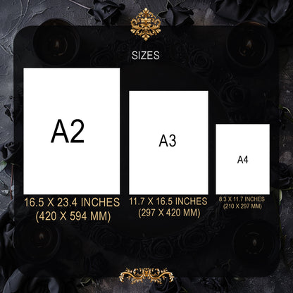 Black frame with size chart for A2, A3, and A4 on a dark floral background