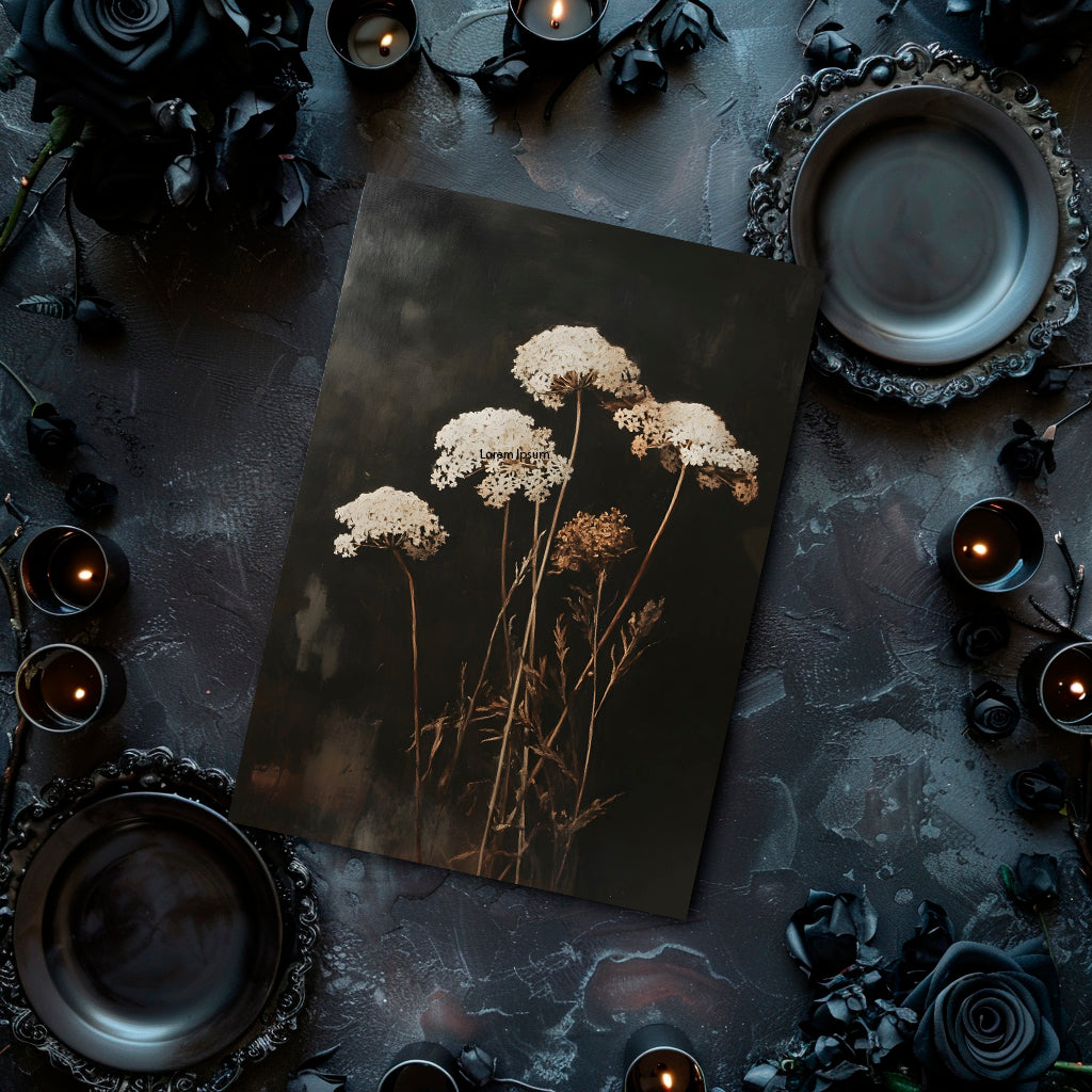 Dark Academia Art Print - Queens Anne Lace Flower Field In The Dark