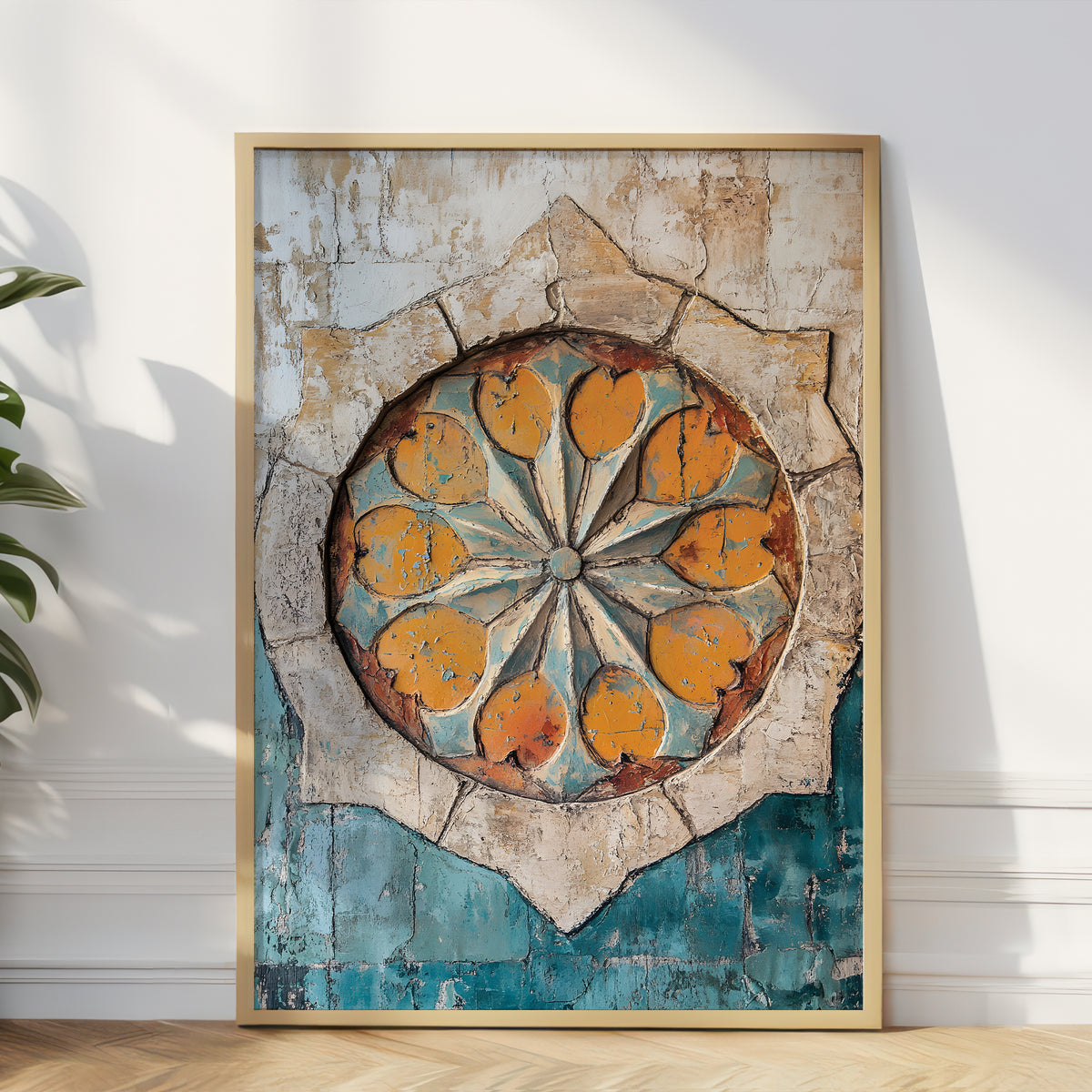 A framed vertical art print leaning against a white wall on a light wood floor, featuring a circular floral or medallion design in orange, teal, beige, and brown tones.