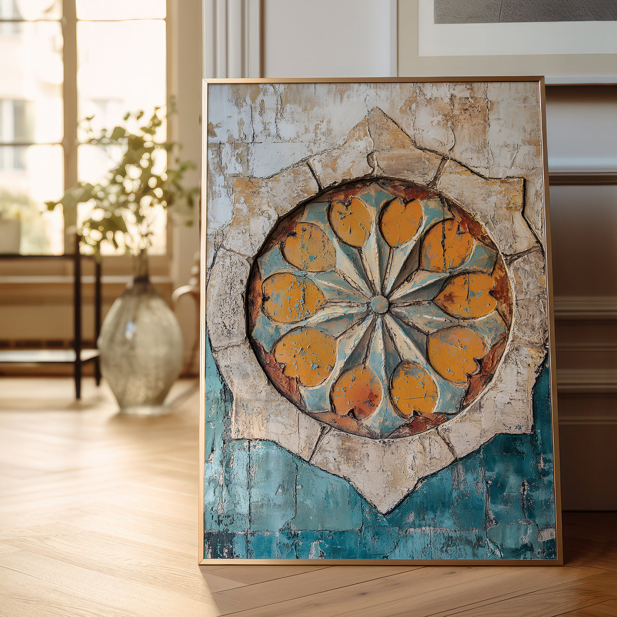 A framed vertical art print leaning against a wall on a light wood floor in a bright room. The artwork features a circular medallion design with orange and yellow flower-like shapes on a distressed teal and beige background.