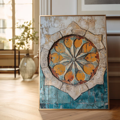 A framed vertical art print leaning against a wall on a light wood floor in a bright room. The artwork features a circular medallion design with orange and yellow flower-like shapes on a distressed teal and beige background.