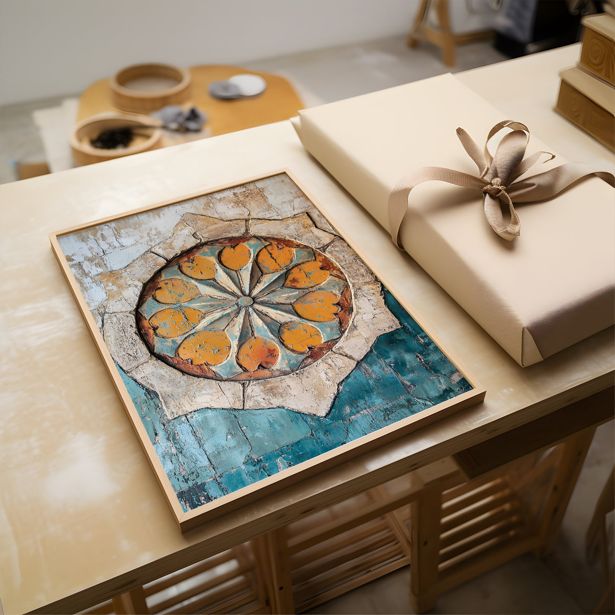 A framed art print featuring a circular floral mandala design in orange and teal tones, displayed on a light wood table next to a wrapped gift box with a beige ribbon.