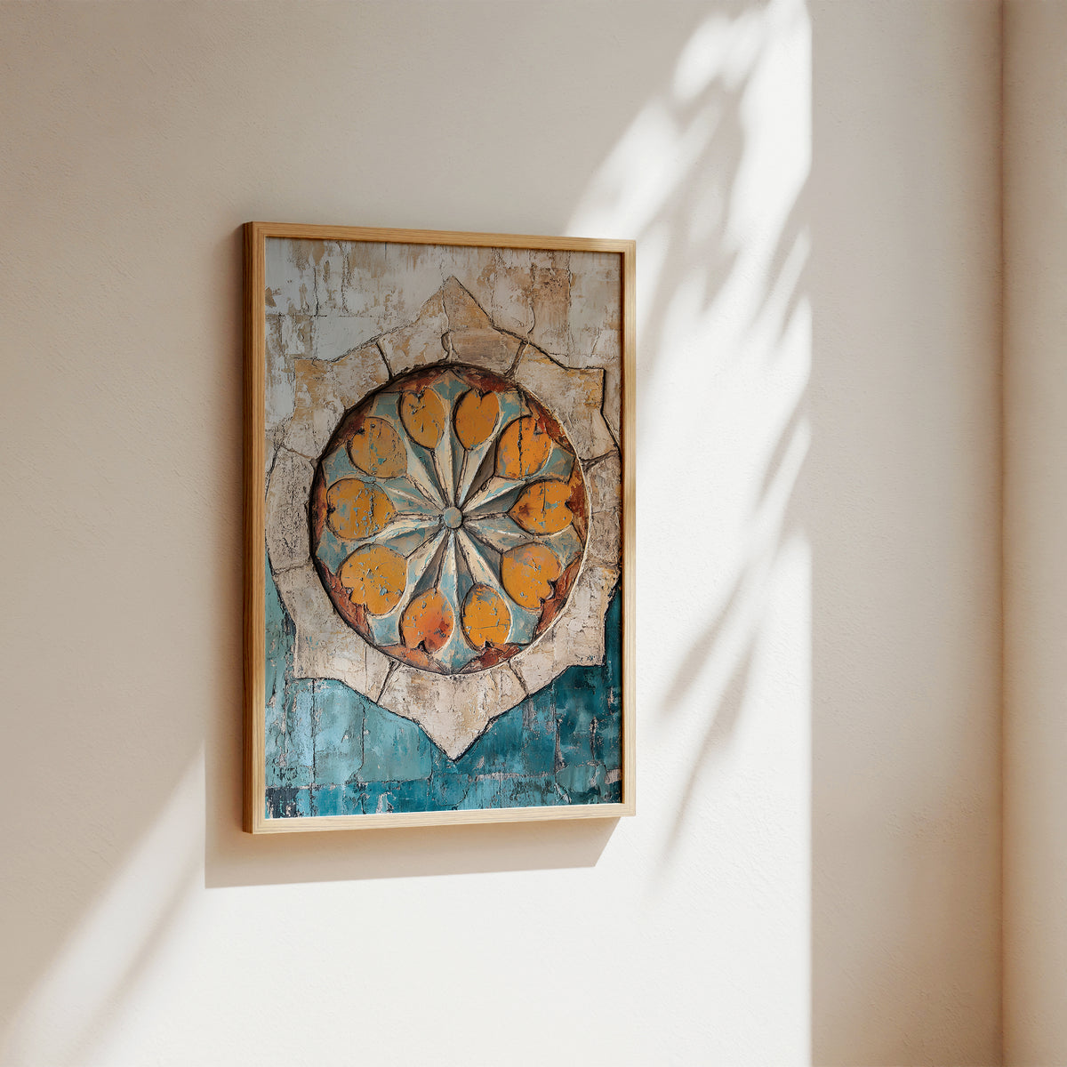 A framed abstract art print featuring a circular floral or geometric motif in orange, teal, beige, and brown tones, hanging on a warm beige wall with soft sunlight and leaf shadows cast across it.