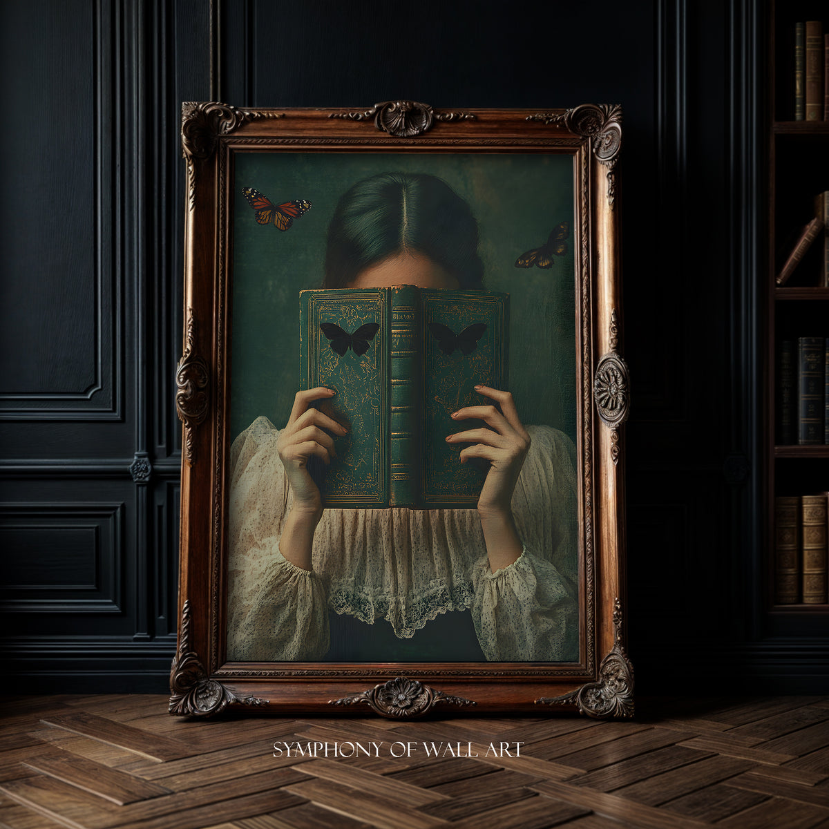dark academia victorian woman reading old book, art print in the golden frame