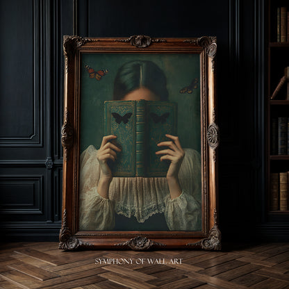dark academia victorian woman reading old book, art print in the golden frame