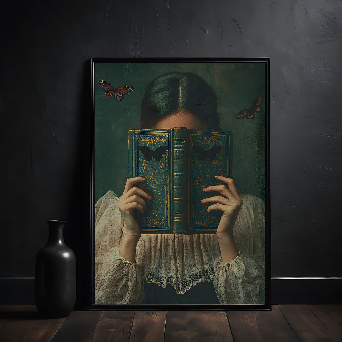 dark academia victorian woman reading old book, art print in the black frame