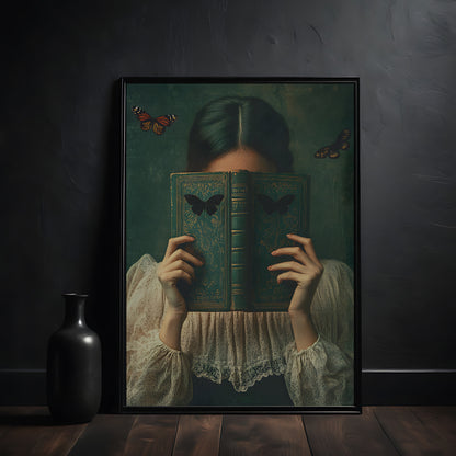 dark academia victorian woman reading old book, art print in the black frame