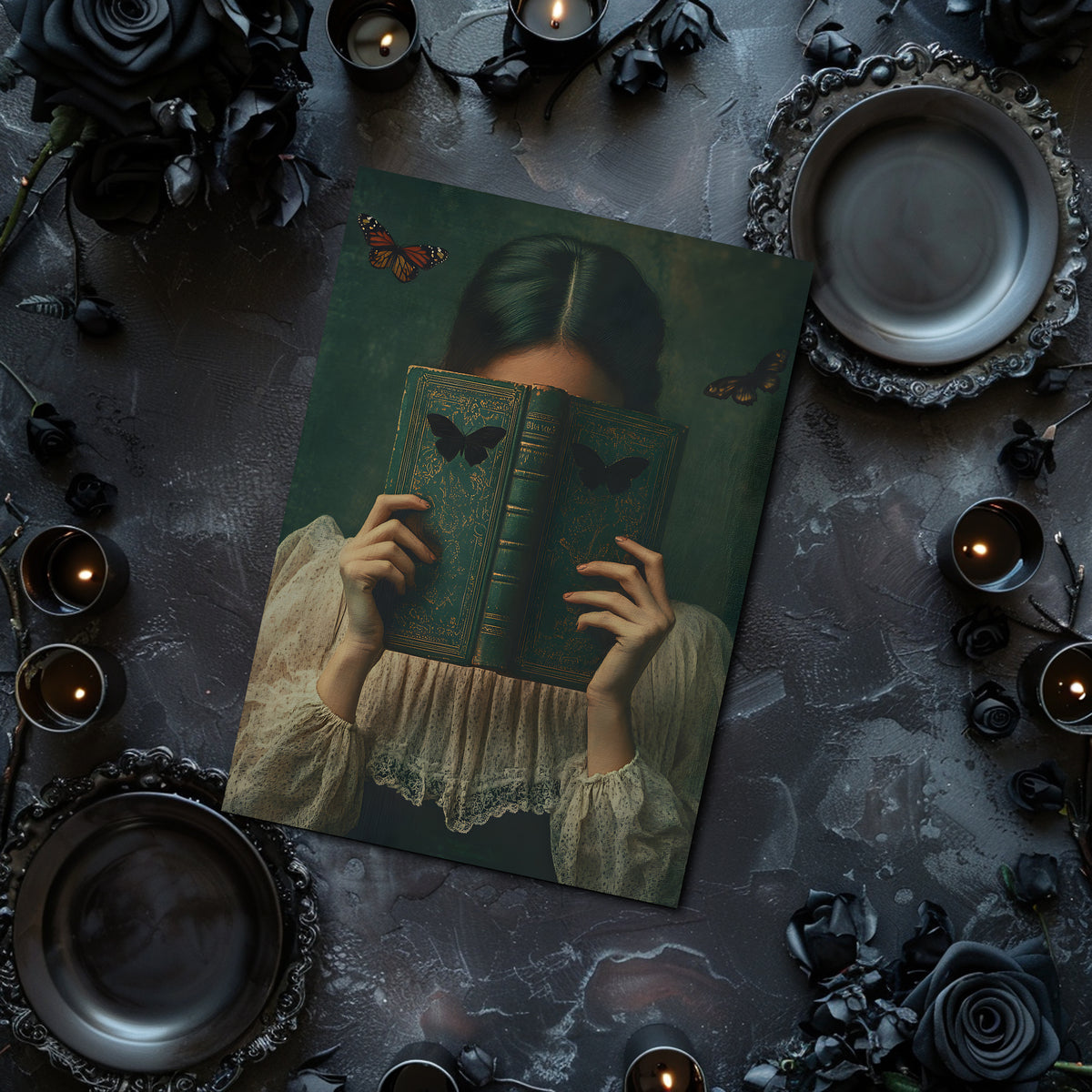 dark academia victorian woman reading old book, art print without the frame, post card