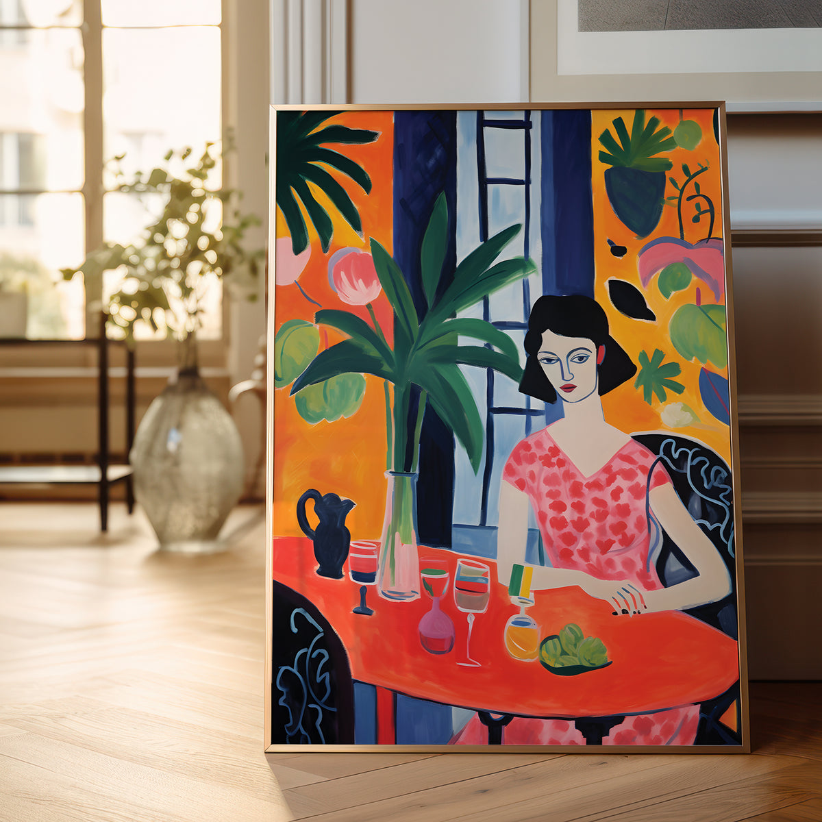 A framed colorful painting leaning against a wall in a bright interior. The artwork depicts a woman seated at a table with wine glasses, plants, and bold geometric shapes in orange, green, blue, pink, and black.