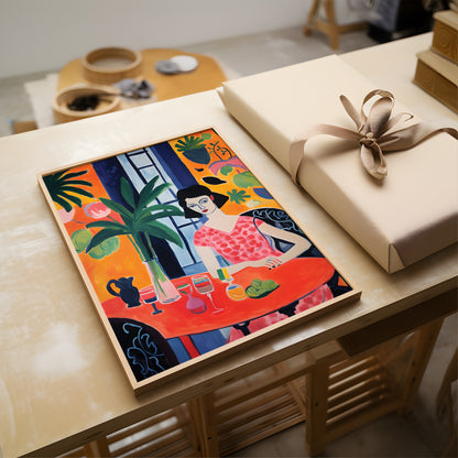 A colorful framed art print depicting a stylized woman at a table with palm trees and bold warm tones, displayed on a light wood table next to a beige gift box with a ribbon.