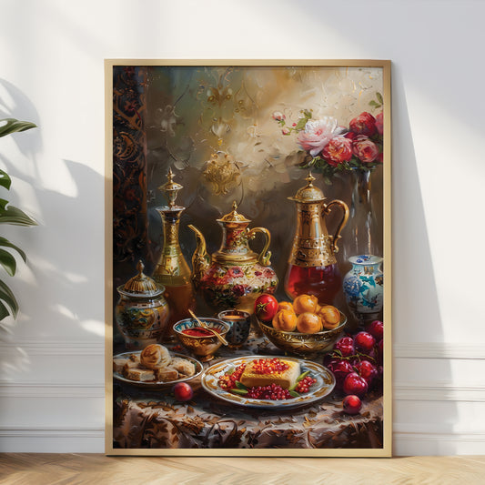 A framed still life art print leaning against a white wall on a wood floor, showing ornate gold-toned teapots, flowers, fruit, pastries, and a loaf of bread on a draped table.