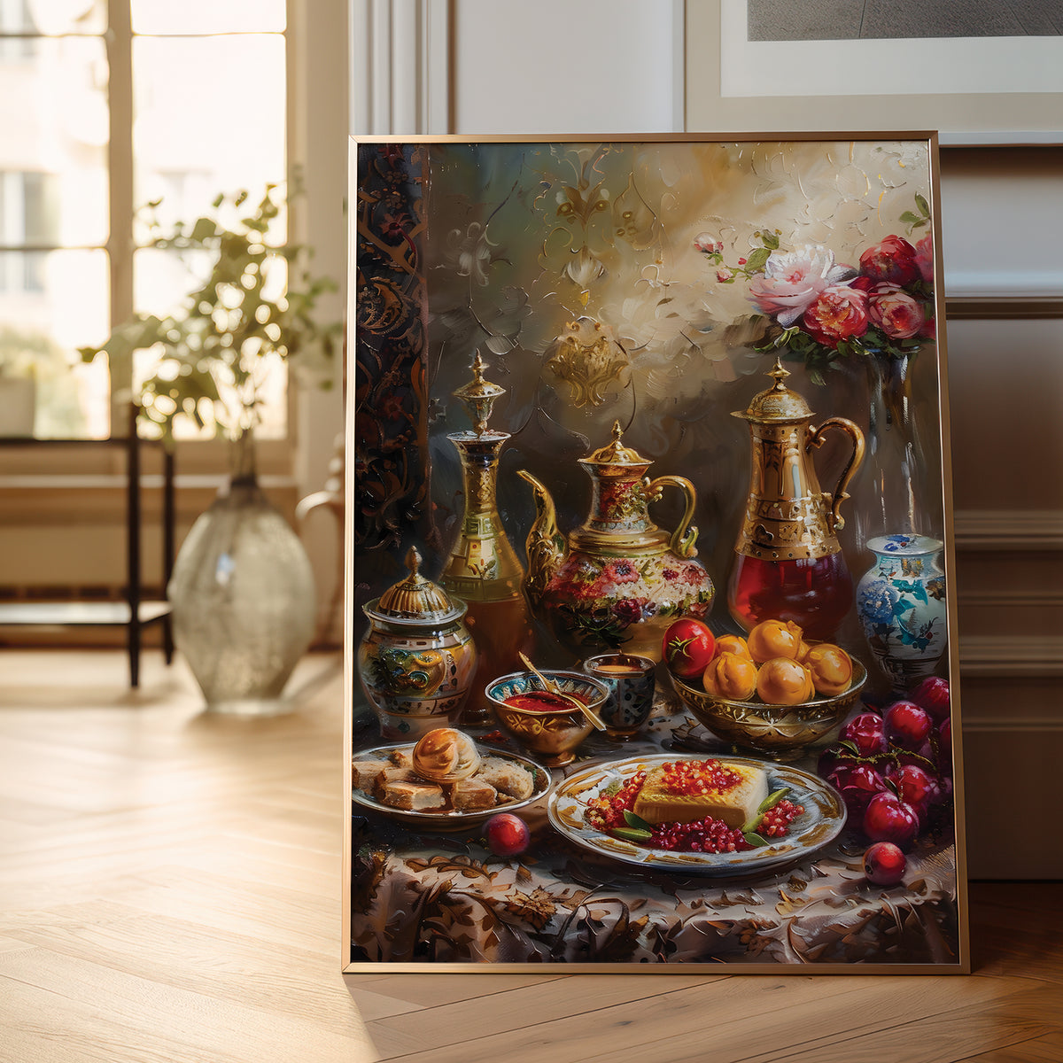 A framed still life painting leaning against a wall in a bright room. The artwork depicts ornate gold-toned coffee pots, plates of fruit, pastries, and flowers on a table, with a warm, painterly background.