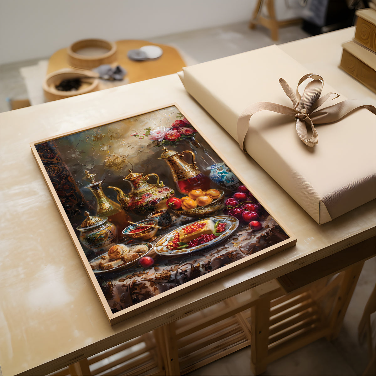 Vintage Turkish Arabian Tea Feast Art Print - Rich Gold & Floral Persian Dining Room Decor
