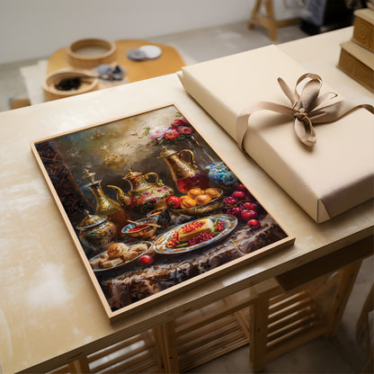 Vintage Turkish Arabian Tea Feast Art Print - Rich Gold & Floral Persian Dining Room Decor
