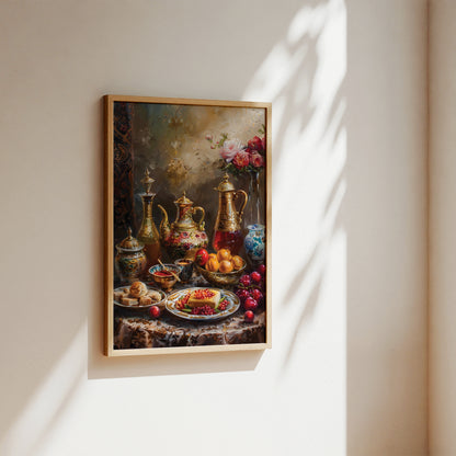A framed still life painting hanging on a beige wall, showing ornate gold-toned vessels, fruit, and flowers with warm sunlight casting shadows across the wall.