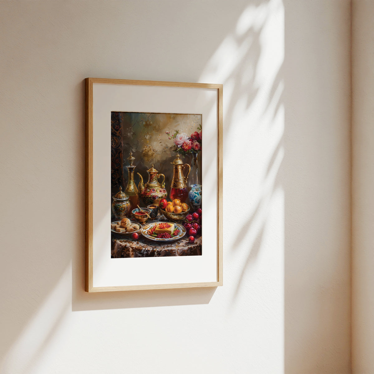 A framed still life art print hanging on a warm beige wall, showing a sunlit tabletop scene with teapots, fruit, and flowers. The artwork is enclosed in a light wood frame with a white mat, and the wall behind it is lit by soft diagonal shadows.
