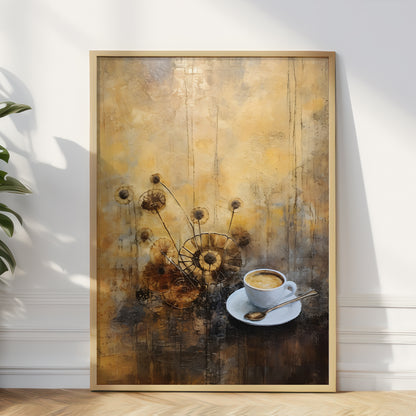 abstract coffee art print floral ochre art print in the frame on the white wall.