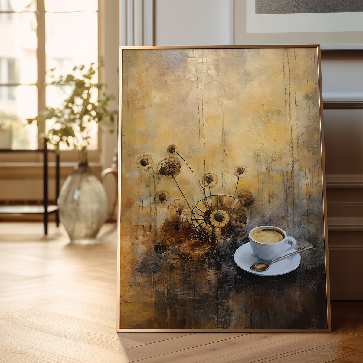 A framed vertical canvas print leaning against a wall on a light wood floor in a bright room. The artwork depicts a cup of coffee on a saucer with a spoon beside dried flower heads on an abstract textured background in warm gold, brown, and gray tones.