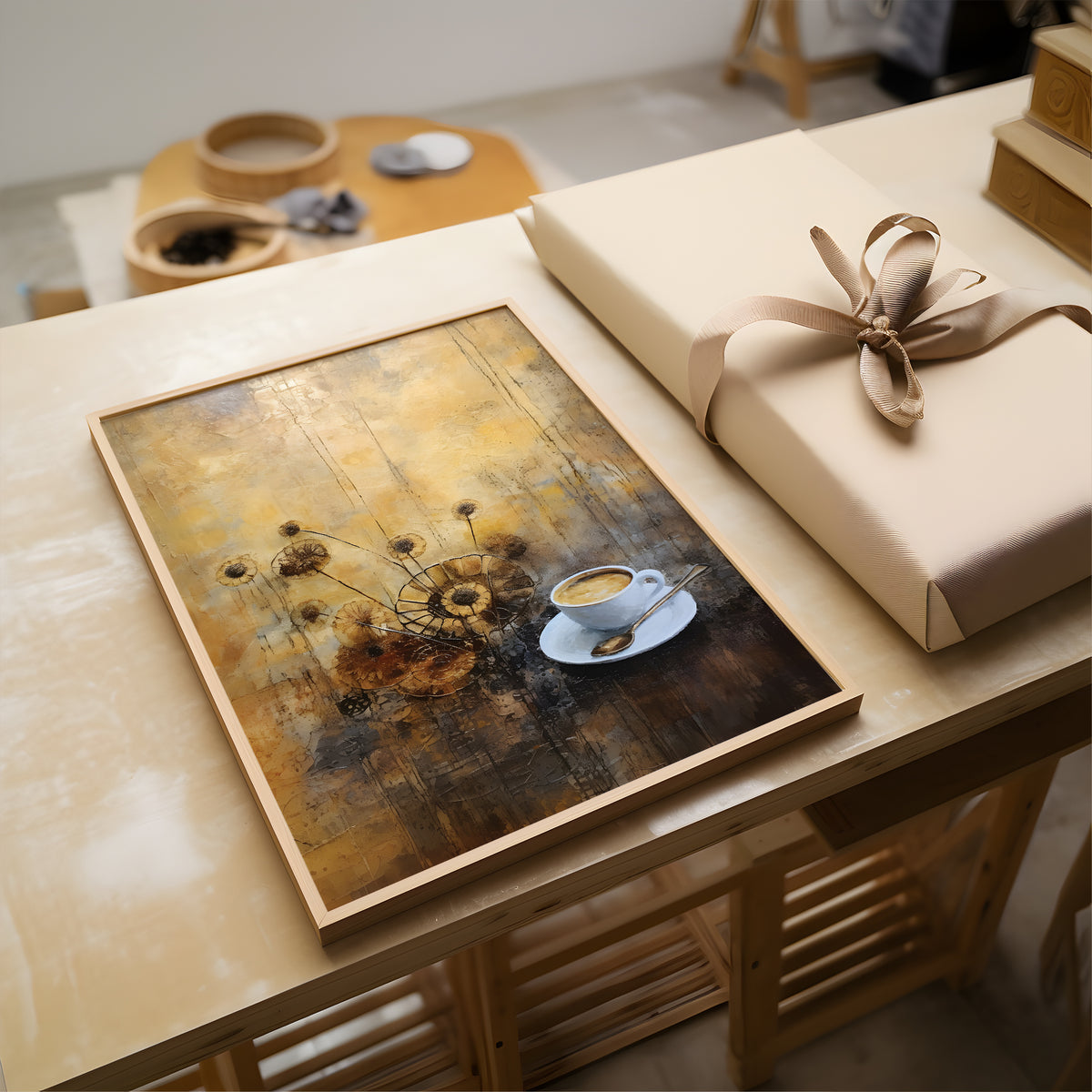abstract coffee art print floral ochre art print in the frame on the white wall.