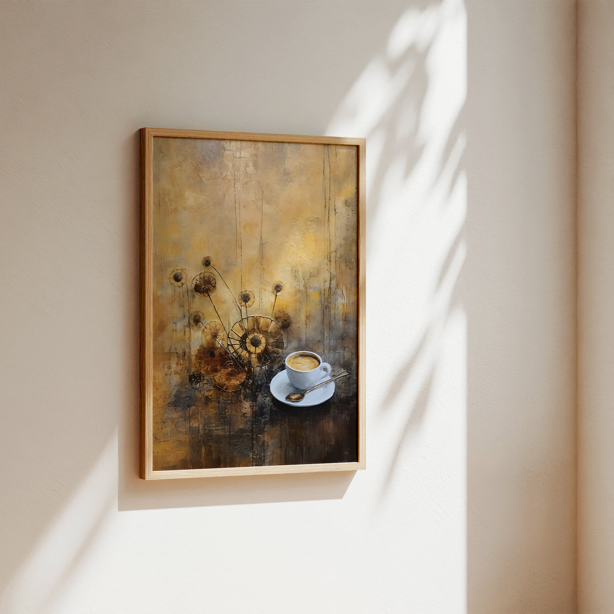 abstract coffee art print floral ochre art print in the frame on the white wall.