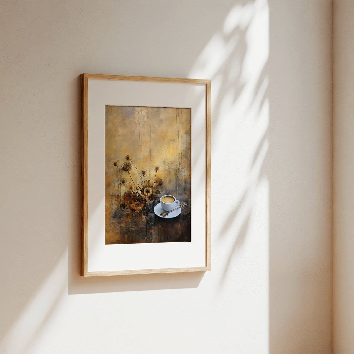A framed art print featuring a still life of dried flowers and a cup of coffee, displayed on a warm beige wall with soft sunlight and leaf shadows.