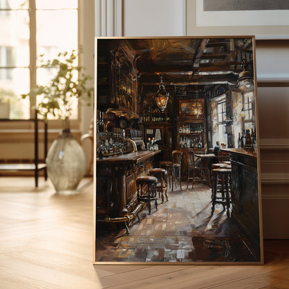 A framed vertical painting of a dimly lit, rustic bar interior with wooden counters, stools, shelves, and warm hanging lights, displayed leaning against a wall on a light wood floor in a softly blurred room.