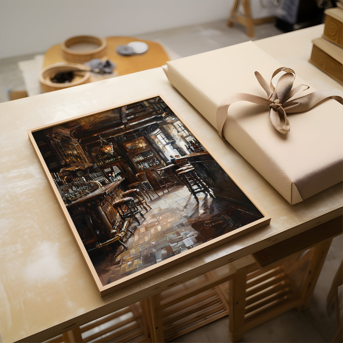A framed art print depicting a moody, dark interior scene with warm lighting and wooden furniture, displayed on a light wood table next to a wrapped gift box with a beige ribbon.