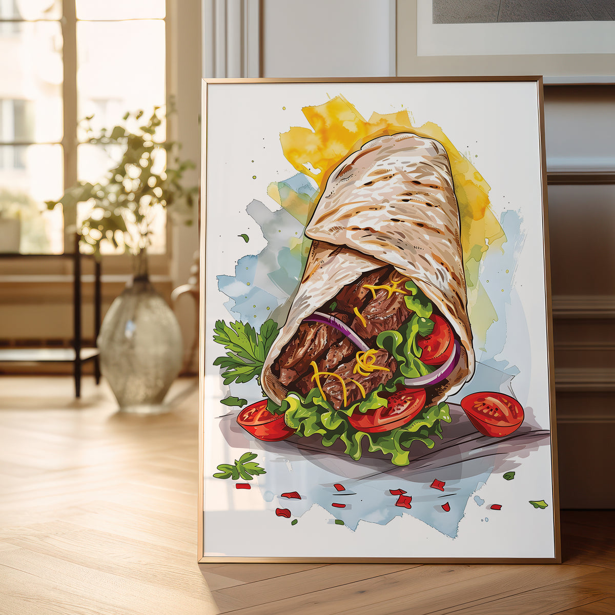 A framed watercolor-style art print of a gourmet wrap or burrito with meat, lettuce, tomatoes, and onions, leaning against a wall on a wooden floor in a bright room.