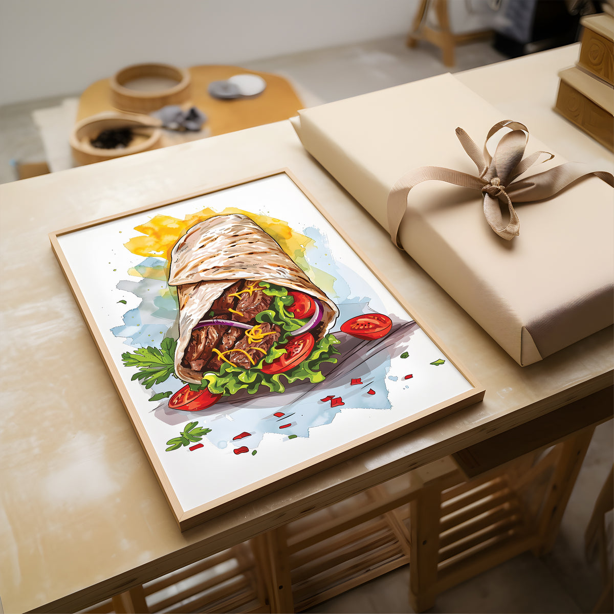 A framed art print depicting a colorful watercolor illustration of a wrap or burrito with meat, lettuce, tomato, and red peppers, styled on a wooden table next to a wrapped gift box.