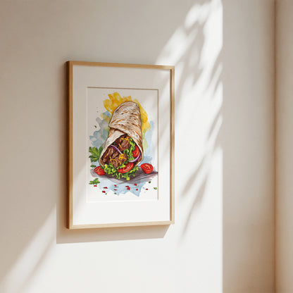 A framed art print of a colorful watercolor burrito wrap, styled on a warm beige wall with soft, natural window shadows.