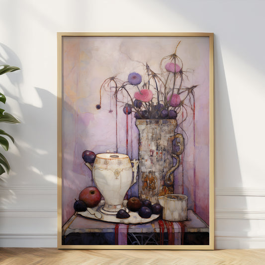 A framed still life painting leaning against a white wall on a light wood floor. The artwork shows a white pitcher, a tall vase with pink and purple flowers, plums, and a small cup on a table against a soft lavender background.