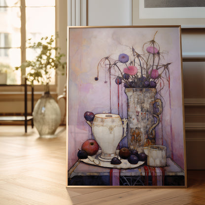 A framed still life painting leaning against a wall in a sunlit room. The artwork shows a white urn, a tall vase with dried flowers and purple berries, and fruit on a table against a soft pink and lavender background.