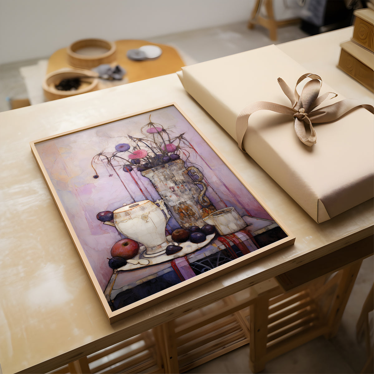A framed still life painting of a vase with flowers and fruit sits on a light wood table next to a wrapped gift box with a beige ribbon. The painting features soft pastel tones of purple, pink, blue, and cream, with a light wood frame.