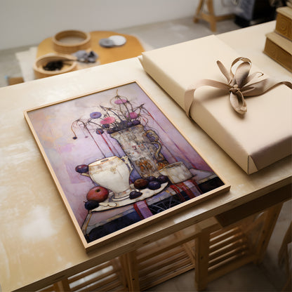 A framed still life painting of a vase with flowers and fruit sits on a light wood table next to a wrapped gift box with a beige ribbon. The painting features soft pastel tones of purple, pink, blue, and cream, with a light wood frame.