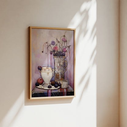 A framed still life painting hanging on a beige wall, showing a vase with dried flowers and fruit on a table, photographed in soft sunlight with leaf shadows cast across the wall.