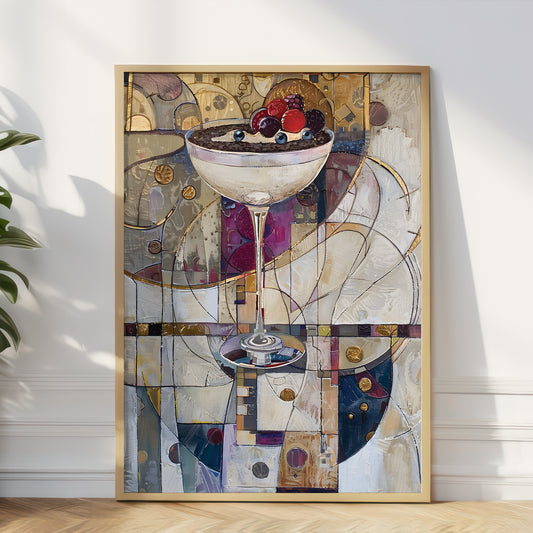 A framed abstract painting of a dessert glass with berries, leaning against a white wall on a light wood floor next to a green plant.