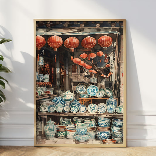 A framed art print depicting a traditional Chinese market stall filled with blue and white porcelain dishes and red paper lanterns, leaning against a white wall on a light wood floor.