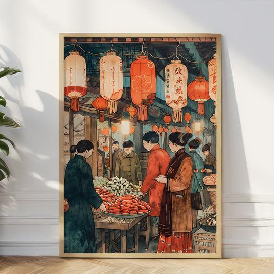 A framed art print depicting a vintage Chinese street market scene with lanterns, people, and produce, leaning against a white wall on a light wood floor.