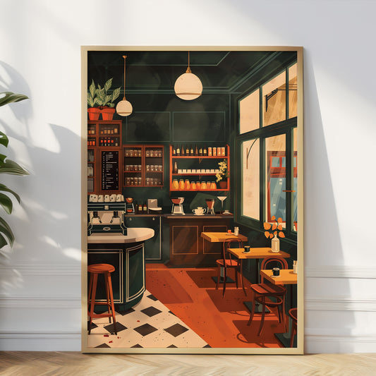 A framed art print depicting a cozy, vintage-style cafe interior with warm orange-brown tones, hanging pendant lights, wooden tables, and a checkered floor, leaning against a white wall in a room setting.