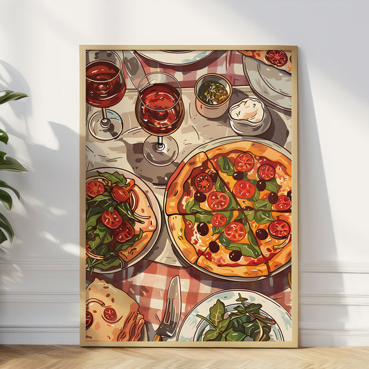 A framed art print depicting an Italian dining table with a large pizza, a salad, bread, wine glasses, and a salad bowl, leaning against a white wall on a light wood floor.
