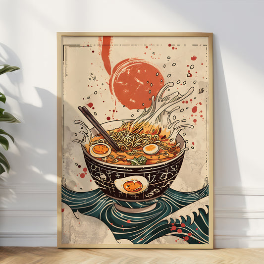 A framed vertical art print featuring a stylized ramen bowl with noodles, sliced egg, red sauce splashes, and wave-like teal lines at the bottom, leaning against a white wall on a wood floor.