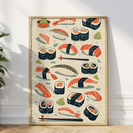 A framed art print featuring a whimsical illustration of various sushi pieces, maki rolls, nigiri, chopsticks, and small green garnish slices on a cream background, leaning against a white wall on a wooden floor.